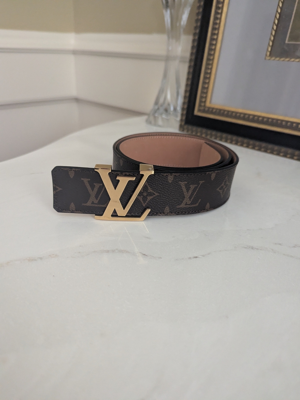 L. V. Inspired Monogram Initials Belt in Brown with Gold Buckle